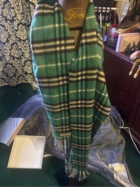 Burberry green Plaid Fringe Scarf